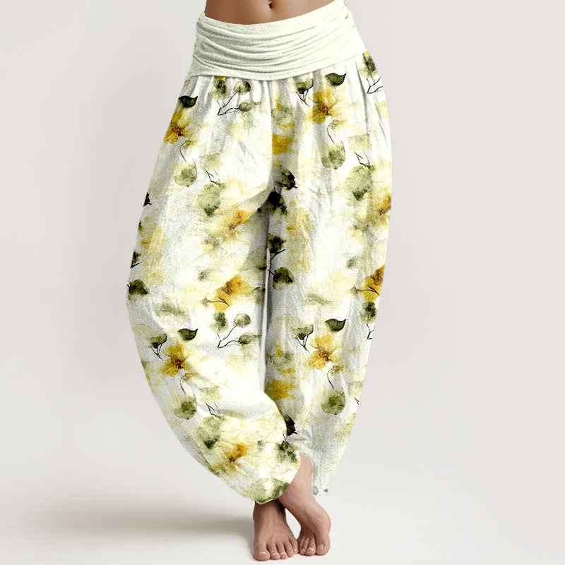 Buddha Stones Pantaloni harem da donna in cotone con motivo floreale ad acquerello e vita elasticizzata. - Cachi - US16, UK/AU20, EU48 (3XL) - image 0
