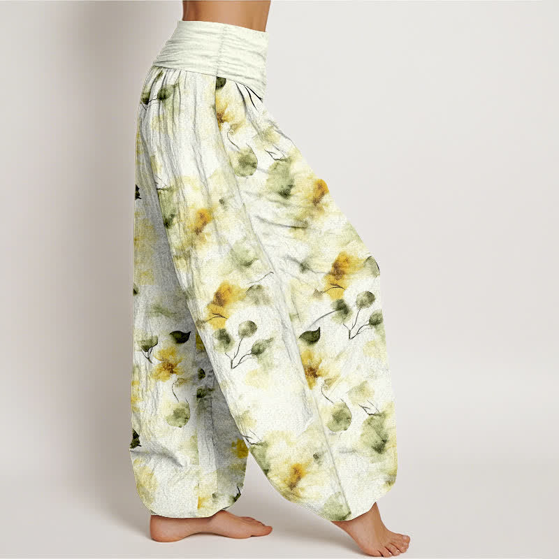 Buddha Stones Pantaloni harem da donna in cotone con motivo floreale ad acquerello e vita elasticizzata. - image 1
