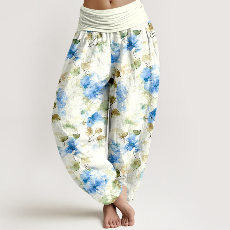 Buddha Stones Pantaloni harem da donna in cotone con motivo floreale ad acquerello e vita elasticizzata. - Blu cielo profondo - US16, UK/AU20, EU48 (3XL) - image 3
