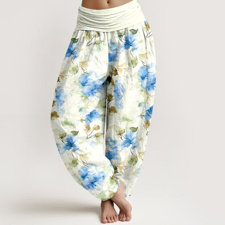 Buddha Stones Pantaloni harem da donna in cotone con motivo floreale ad acquerello e vita elasticizzata. - Blu cielo profondo - US16, UK/AU20, EU48 (3XL) - image 3