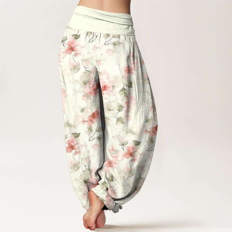 Buddha Stones Pantaloni harem da donna in cotone con motivo floreale ad acquerello e vita elasticizzata. - image 8