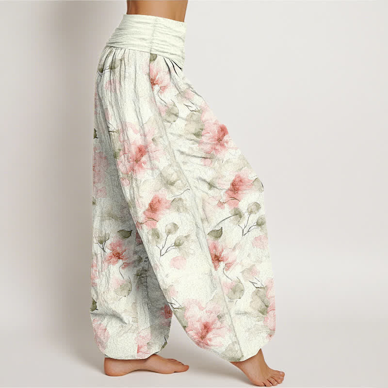 Buddha Stones Pantaloni harem da donna in cotone con motivo floreale ad acquerello e vita elasticizzata. - image 7