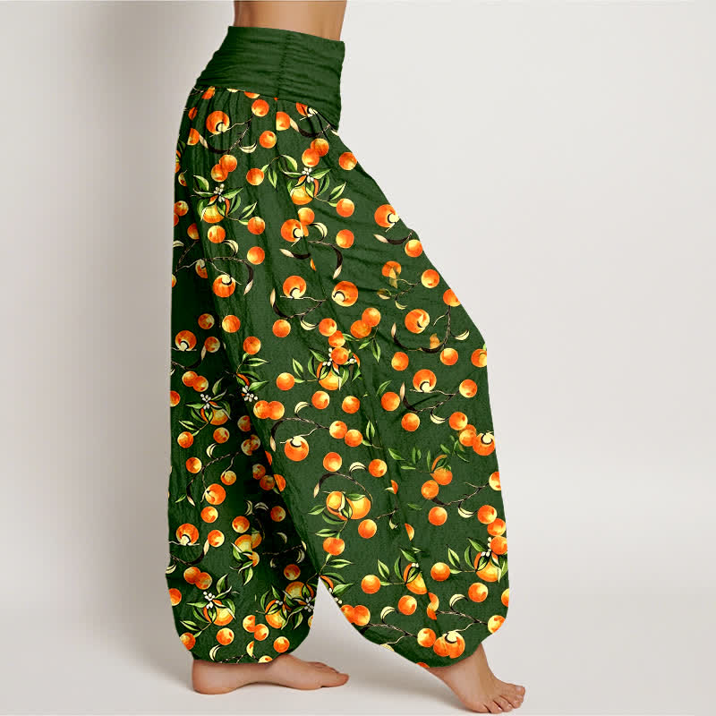 Buddha Stones Pantaloni harem da donna in puro cotone con motivo a foglie di mandarino e elastico in vita. - image 1