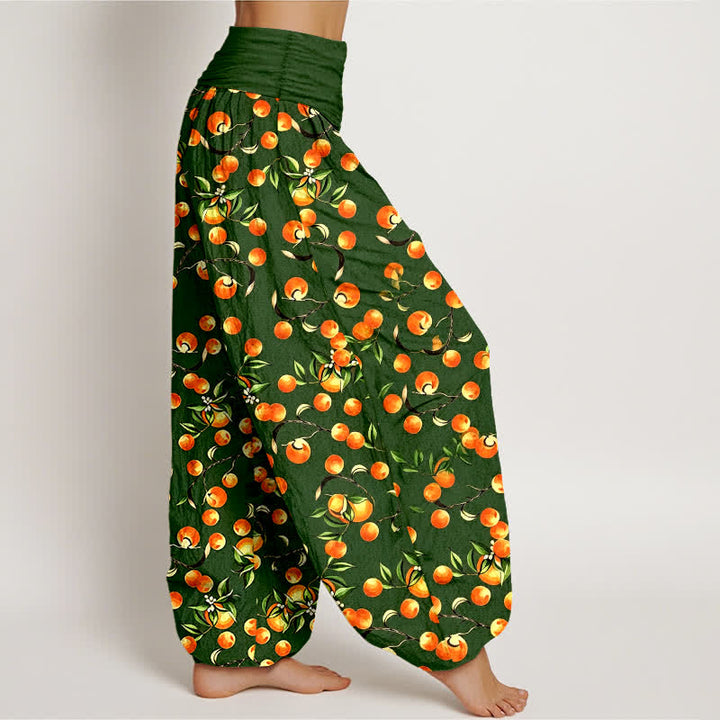 Buddha Stones Pantaloni harem da donna in puro cotone con motivo a foglie di mandarino e elastico in vita. - image 1