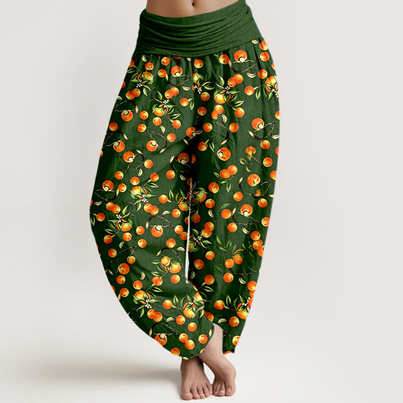 Buddha Stones Pantaloni harem da donna in puro cotone con motivo a foglie di mandarino e elastico in vita. - Verde studentesco - US16, UK/AU20, EU48 (3XL) - image 0