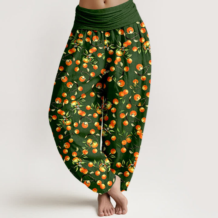 Buddha Stones Pantaloni harem da donna in puro cotone con motivo a foglie di mandarino e elastico in vita. - Verde studentesco - US16, UK/AU20, EU48 (3XL) - image 0