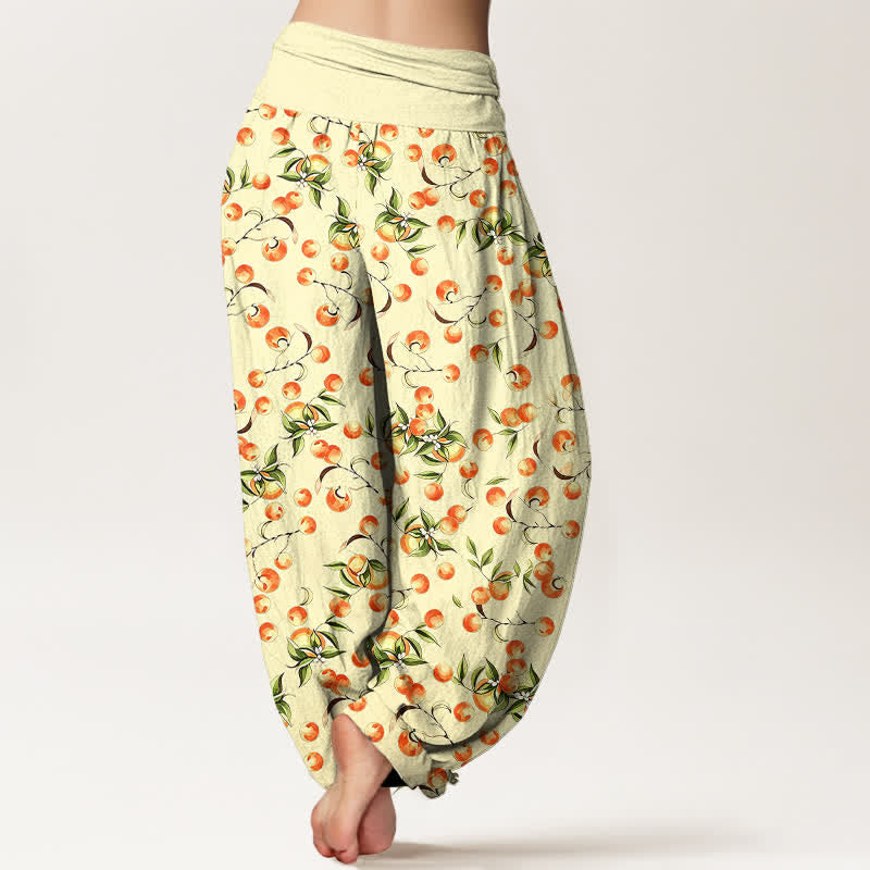 Buddha Stones Pantaloni harem da donna in puro cotone con motivo a foglie di mandarino e elastico in vita. - image 8