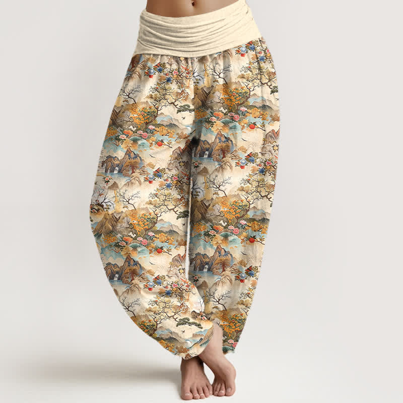 Buddha Stones Pantaloni harem da donna in cotone con motivo paesaggio orientale e vita elasticizzata - Verga d'oro pallida - US16, UK/AU20, EU48 (3XL) - image 0