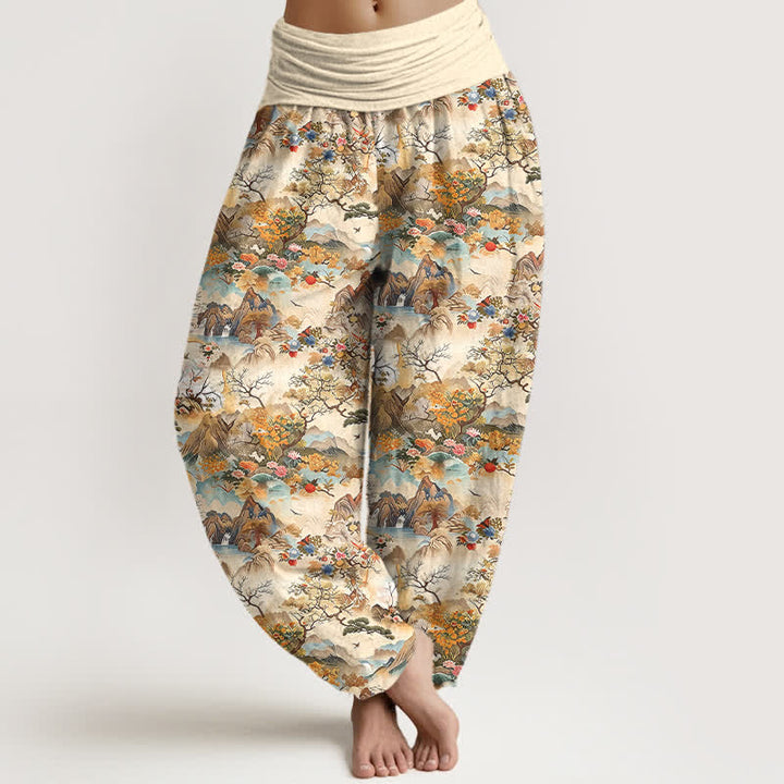 Buddha Stones Pantaloni harem da donna in cotone con motivo paesaggio orientale e vita elasticizzata - Verga d'oro pallida - US16, UK/AU20, EU48 (3XL) - image 0