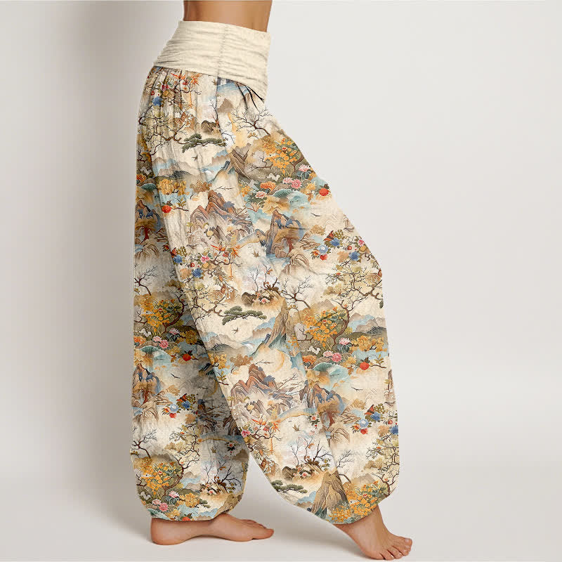 Buddha Stones Pantaloni harem da donna in cotone con motivo paesaggio orientale e vita elasticizzata - image 1