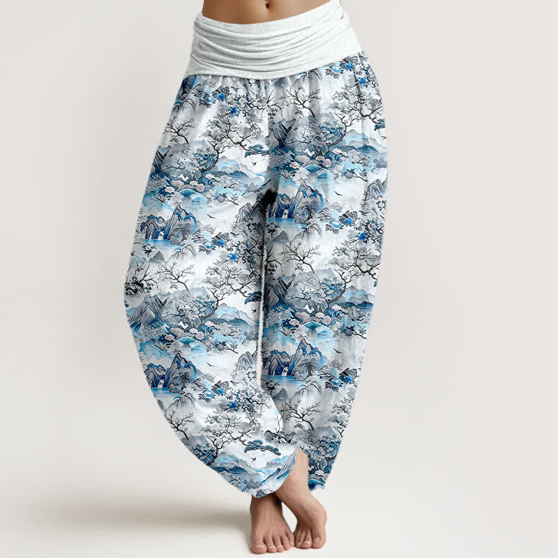 Buddha Stones Pantaloni harem da donna in cotone con motivo paesaggio orientale e vita elasticizzata - Turchese pallido - US16, UK/AU20, EU48 (3XL) - image 3