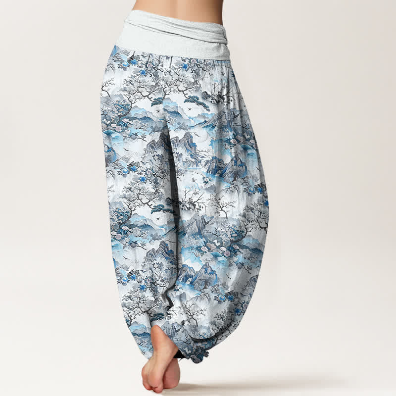 Buddha Stones Pantaloni harem da donna in cotone con motivo paesaggio orientale e vita elasticizzata - image 5