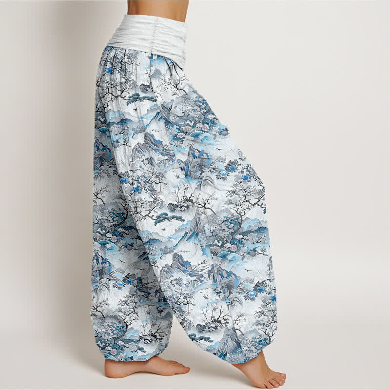 Buddha Stones Pantaloni harem da donna in cotone con motivo paesaggio orientale e vita elasticizzata - image 4