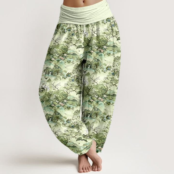 Buddha Stones Pantaloni harem da donna in cotone con motivo paesaggio orientale e vita elasticizzata - Verde pallido - US16, UK/AU20, EU48 (3XL) - image 6