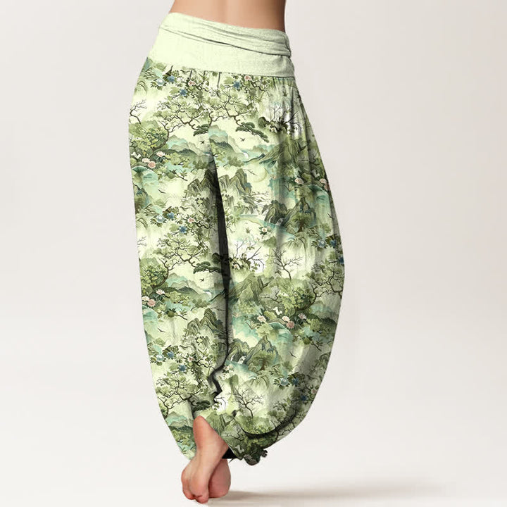 Buddha Stones Pantaloni harem da donna in cotone con motivo paesaggio orientale e vita elasticizzata - image 8