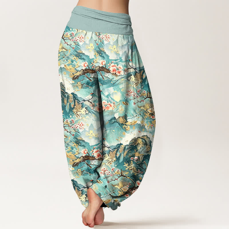 Buddha Stones Pantaloni harem da donna in puro cotone con motivo floreale e paesaggio orientale, vita elasticizzata. - image 2