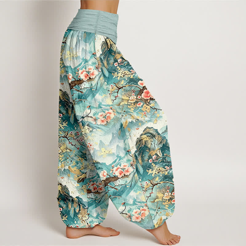 Buddha Stones Pantaloni harem da donna in puro cotone con motivo floreale e paesaggio orientale, vita elasticizzata. - image 1