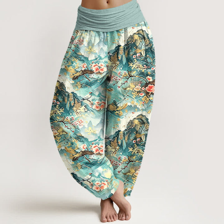 Buddha Stones Pantaloni harem da donna in puro cotone con motivo floreale e paesaggio orientale, vita elasticizzata. - Turchese - US16, UK/AU20, EU48 (3XL) - image 0