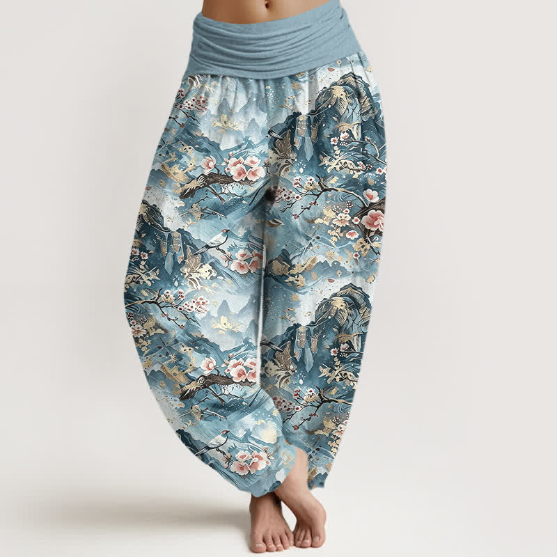 Buddha Stones Pantaloni harem da donna in puro cotone con motivo floreale e paesaggio orientale, vita elasticizzata. - Turchese pallido - US16, UK/AU20, EU48 (3XL) - image 3