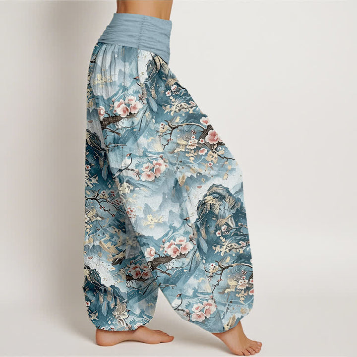 Buddha Stones Pantaloni harem da donna in puro cotone con motivo floreale e paesaggio orientale, vita elasticizzata. - image 4