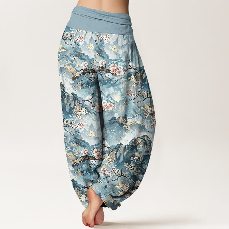 Buddha Stones Pantaloni harem da donna in puro cotone con motivo floreale e paesaggio orientale, vita elasticizzata. - image 5
