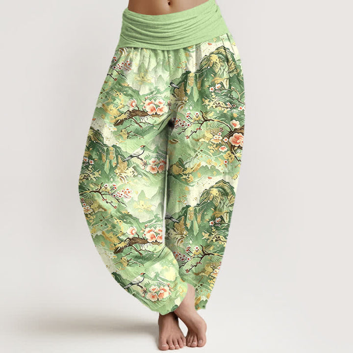 Buddha Stones Pantaloni harem da donna in puro cotone con motivo floreale e paesaggio orientale, vita elasticizzata. - Verde chiaro - US16, UK/AU20, EU48 (3XL) - image 6