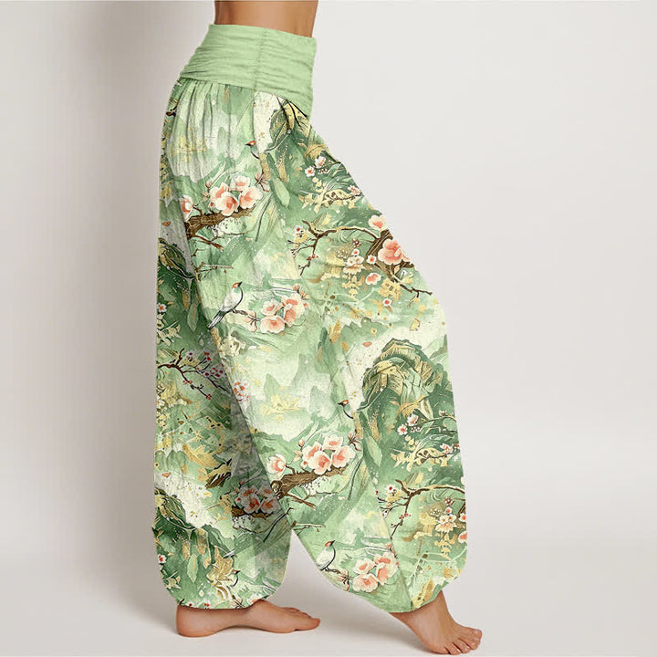 Buddha Stones Pantaloni harem da donna in puro cotone con motivo floreale e paesaggio orientale, vita elasticizzata. - image 7