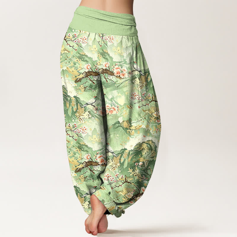 Buddha Stones Pantaloni harem da donna in puro cotone con motivo floreale e paesaggio orientale, vita elasticizzata. - image 8