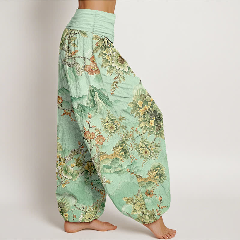 Buddha Stones Pantaloni harem da donna in cotone con motivo floreale orientale e vita elasticizzata. - image 1