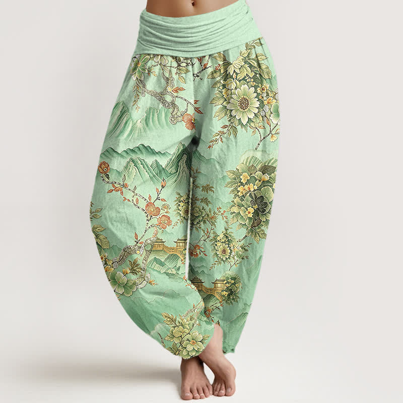 Buddha Stones Pantaloni harem da donna in cotone con motivo floreale orientale e vita elasticizzata. - Acquamarina - US16, UK/AU20, EU48 (3XL) - image 0
