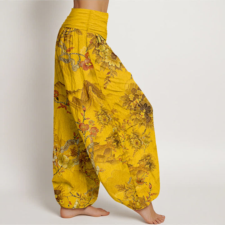 Buddha Stones Pantaloni harem da donna in cotone con motivo floreale orientale e vita elasticizzata. - image 4