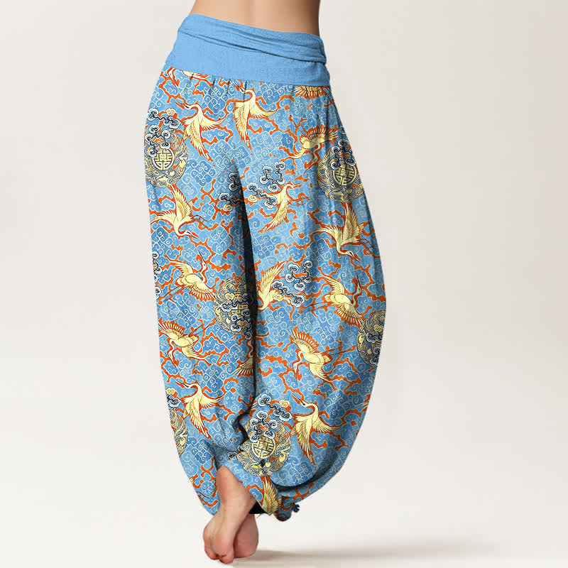 Buddha Stones Pantaloni harem da donna in puro cotone bianco con motivo gru e nuvole, vita elasticizzata. - image 2