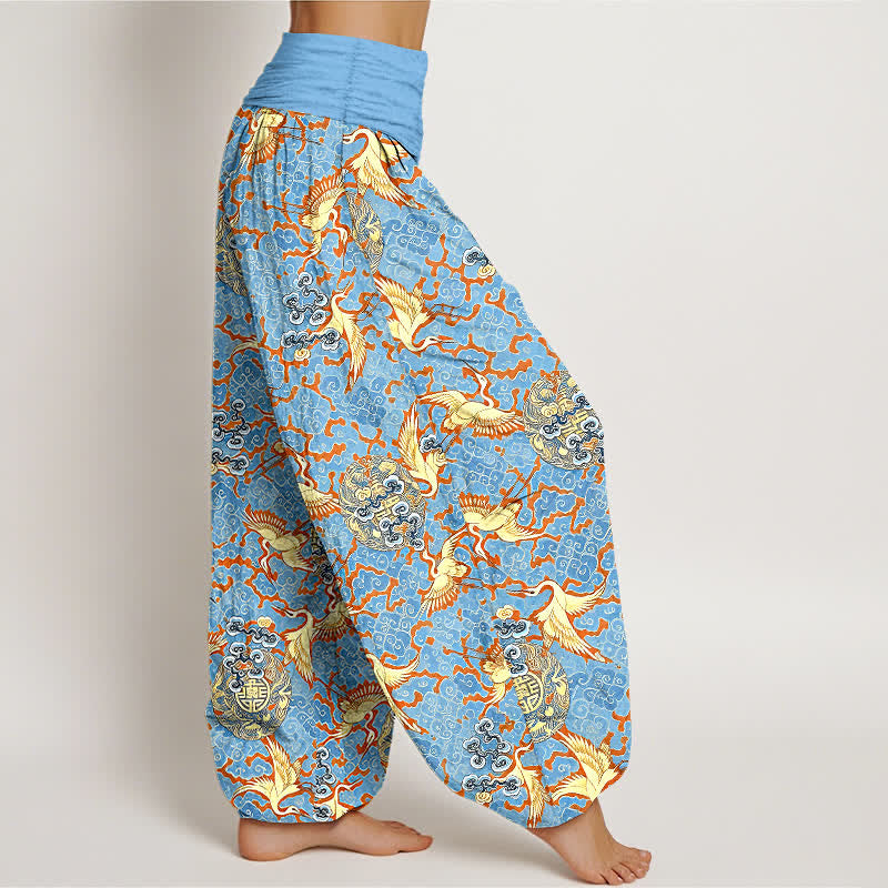 Buddha Stones Pantaloni harem da donna in puro cotone bianco con motivo gru e nuvole, vita elasticizzata. - image 1