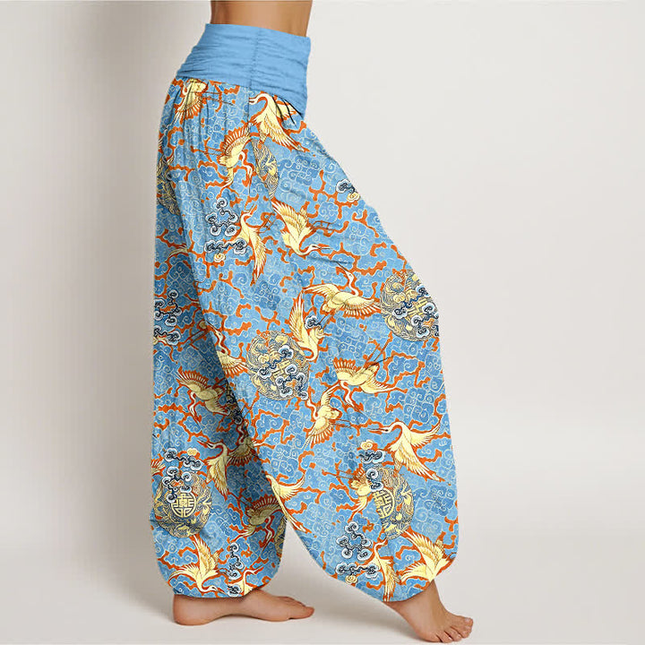 Buddha Stones Pantaloni harem da donna in puro cotone bianco con motivo gru e nuvole, vita elasticizzata. - image 1