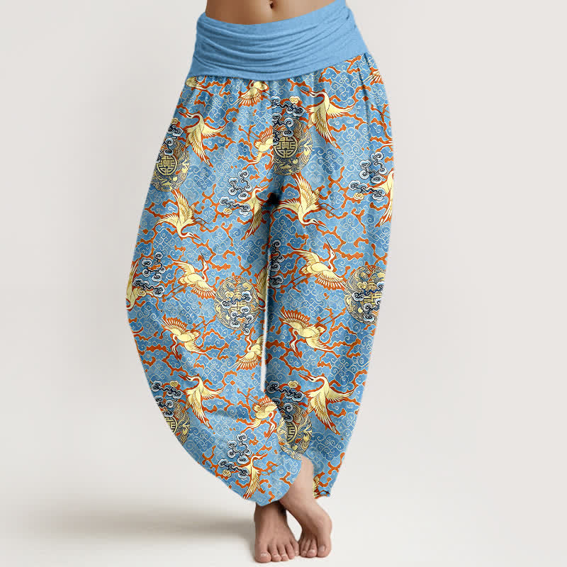 Buddha Stones Pantaloni harem da donna in puro cotone bianco con motivo gru e nuvole, vita elasticizzata. - Azzurro cielo chiaro - US16, UK/AU20, EU48 (3XL) - image 0