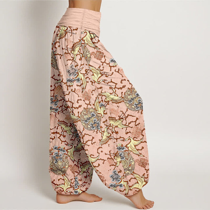 Buddha Stones Pantaloni harem da donna in puro cotone bianco con motivo gru e nuvole, vita elasticizzata. - image 4