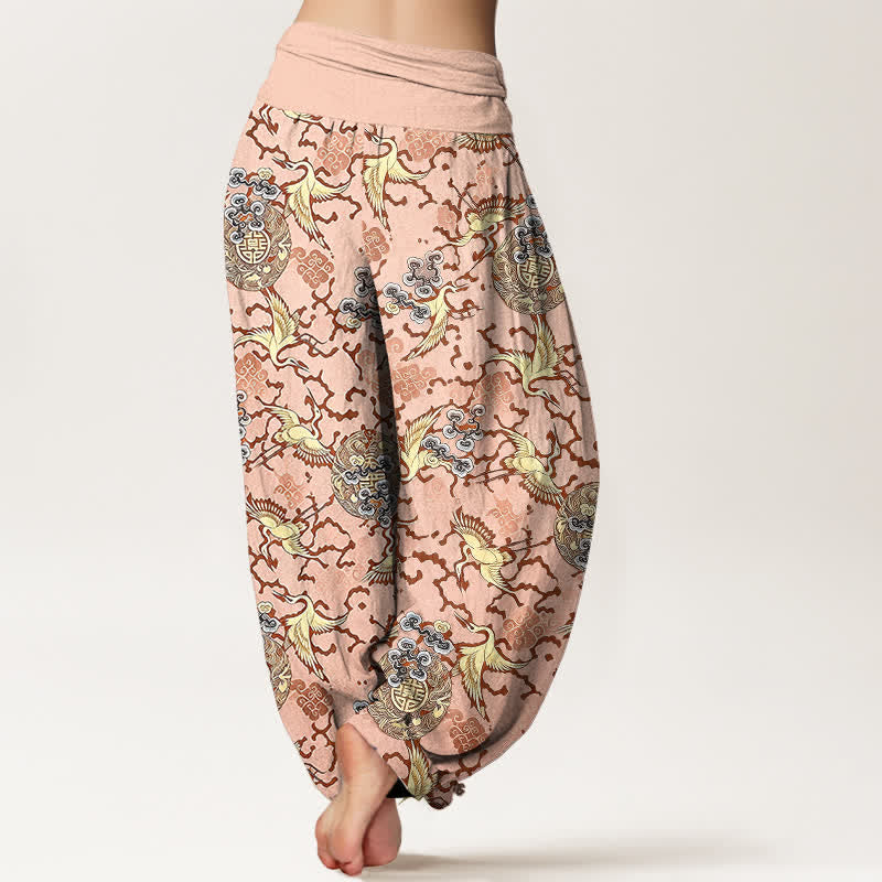 Buddha Stones Pantaloni harem da donna in puro cotone bianco con motivo gru e nuvole, vita elasticizzata. - image 5