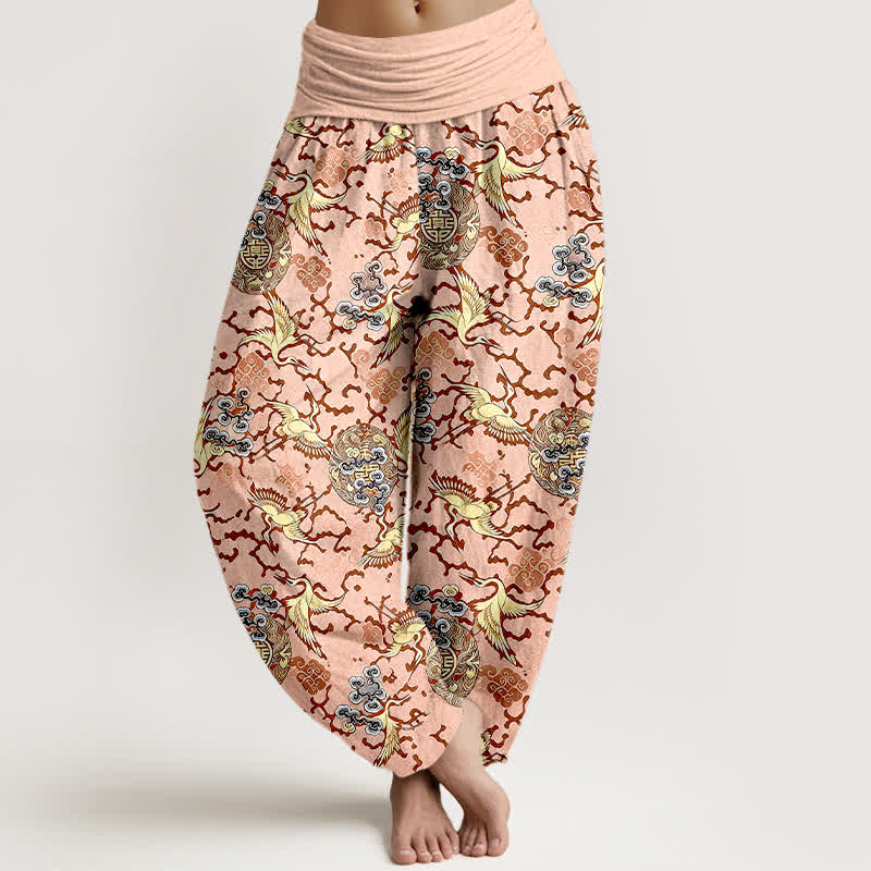 Buddha Stones Pantaloni harem da donna in puro cotone bianco con motivo gru e nuvole, vita elasticizzata. - Rosa Nebbiosa - US16, UK/AU20, EU48 (3XL) - image 3