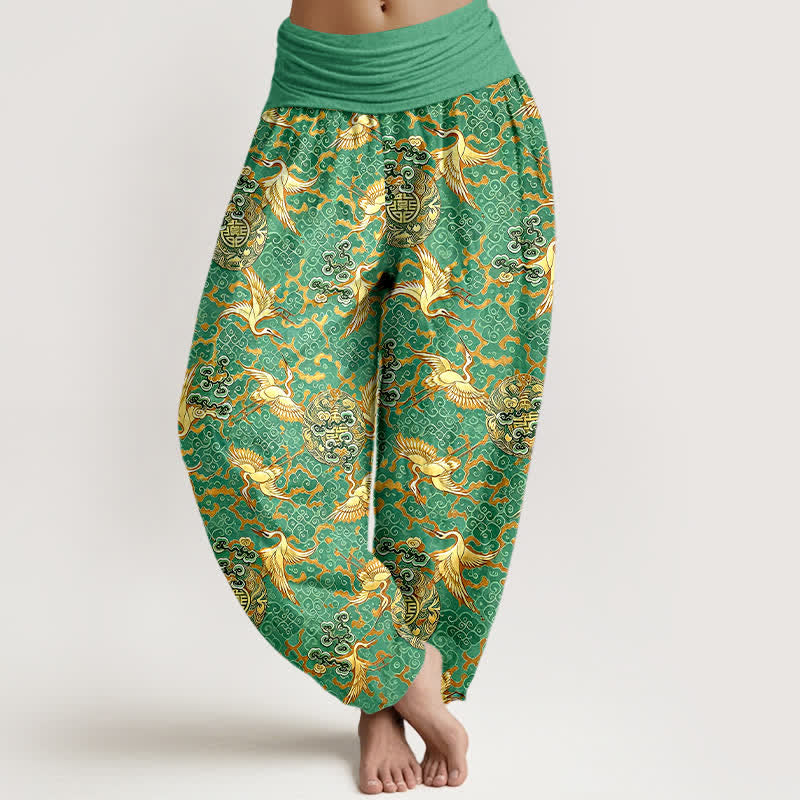 Buddha Stones Pantaloni harem da donna in puro cotone bianco con motivo gru e nuvole, vita elasticizzata. - Verde Mare Medio - US16, UK/AU20, EU48 (3XL) - image 6