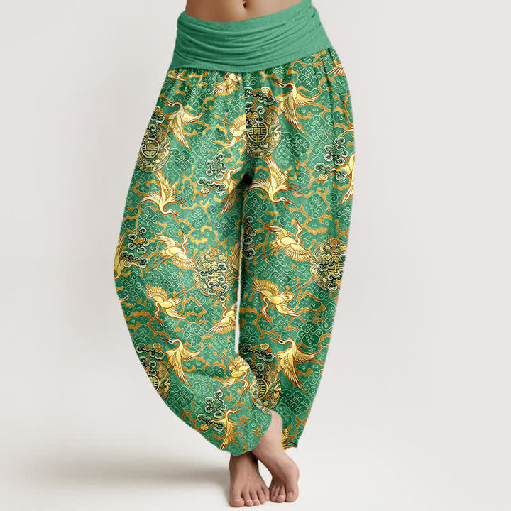 Buddha Stones Pantaloni harem da donna in puro cotone bianco con motivo gru e nuvole, vita elasticizzata. - Verde Mare Medio - US16, UK/AU20, EU48 (3XL) - image 6