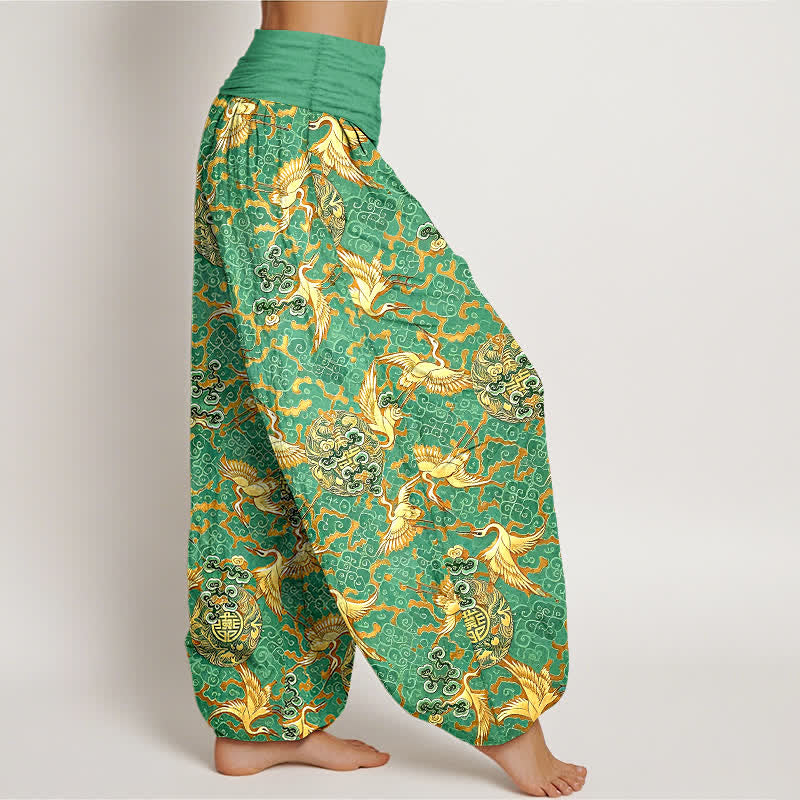 Buddha Stones Pantaloni harem da donna in puro cotone bianco con motivo gru e nuvole, vita elasticizzata. - image 7