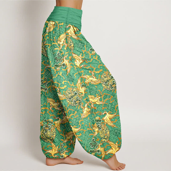 Buddha Stones Pantaloni harem da donna in puro cotone bianco con motivo gru e nuvole, vita elasticizzata. - image 7