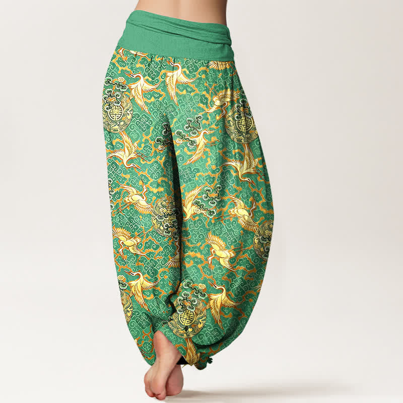 Buddha Stones Pantaloni harem da donna in puro cotone bianco con motivo gru e nuvole, vita elasticizzata. - image 8