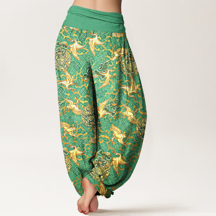 Buddha Stones Pantaloni harem da donna in puro cotone bianco con motivo gru e nuvole, vita elasticizzata. - image 8