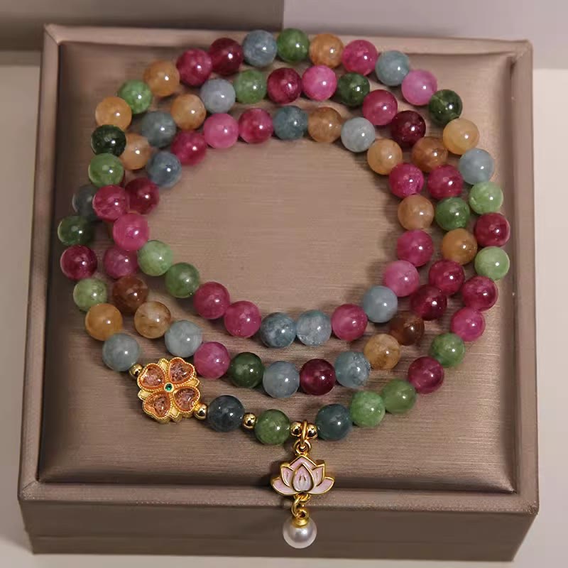 Buddha Stones Braccialetto con ciondolo a triplo giro e perline "Loto della Saggezza" con tormalina arcobaleno e simbolo di loto. - image 1