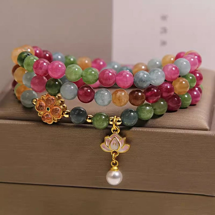 Buddha Stones Braccialetto con ciondolo a triplo giro e perline "Loto della Saggezza" con tormalina arcobaleno e simbolo di loto. - Tormalina (Protezione♥Guarigione) - image 0