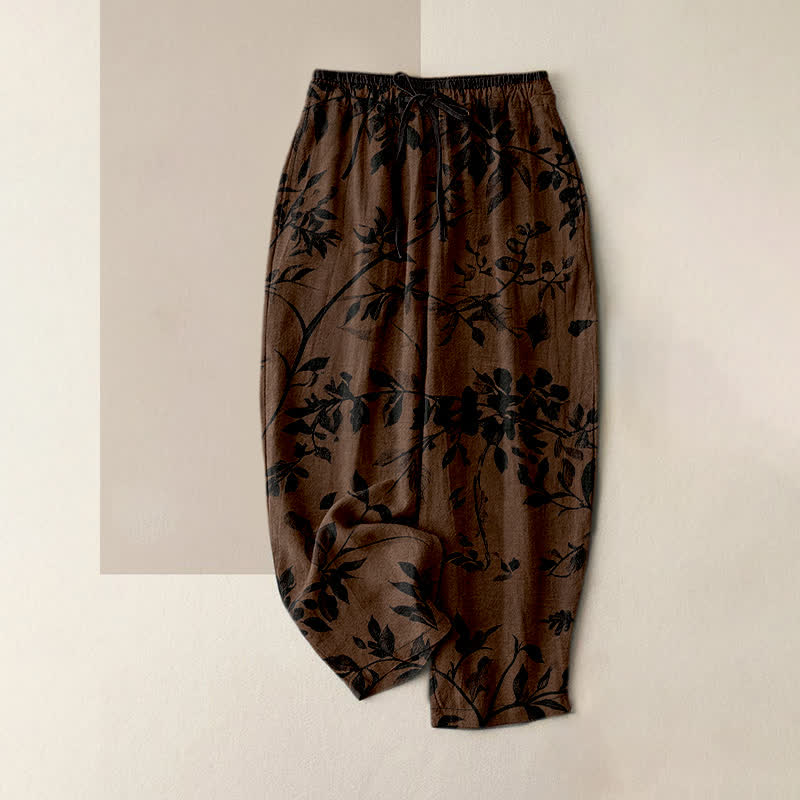 Buddha Stones Pantaloni da donna in puro cotone nero con elastico in vita e tasche, fantasia botanica a foglie. - Marrone sella - US16, UK/AU20, EU48 (3XL) - image 0