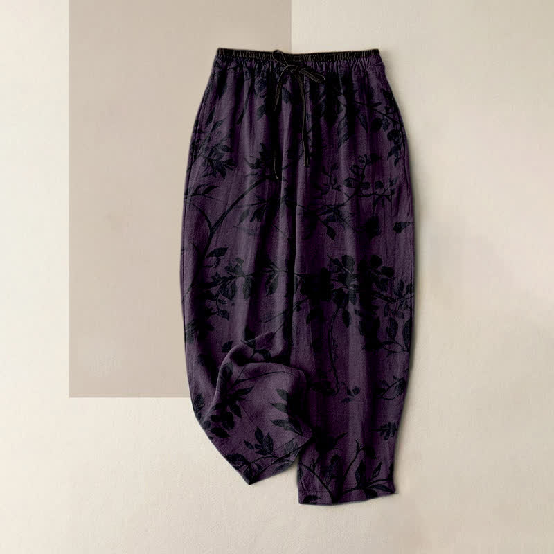 Buddha Stones Pantaloni da donna in puro cotone nero con elastico in vita e tasche, fantasia botanica a foglie. - Viola - US16, UK/AU20, EU48 (3XL) - image 4