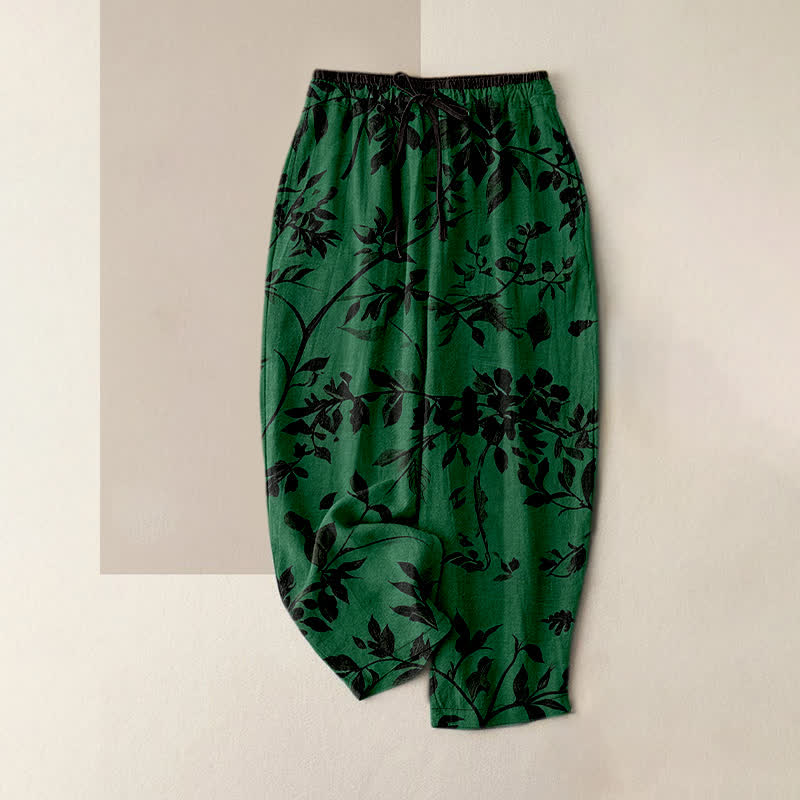 Buddha Stones Pantaloni da donna in puro cotone nero con elastico in vita e tasche, fantasia botanica a foglie. - Verde studentesco - US16, UK/AU20, EU48 (3XL) - image 5