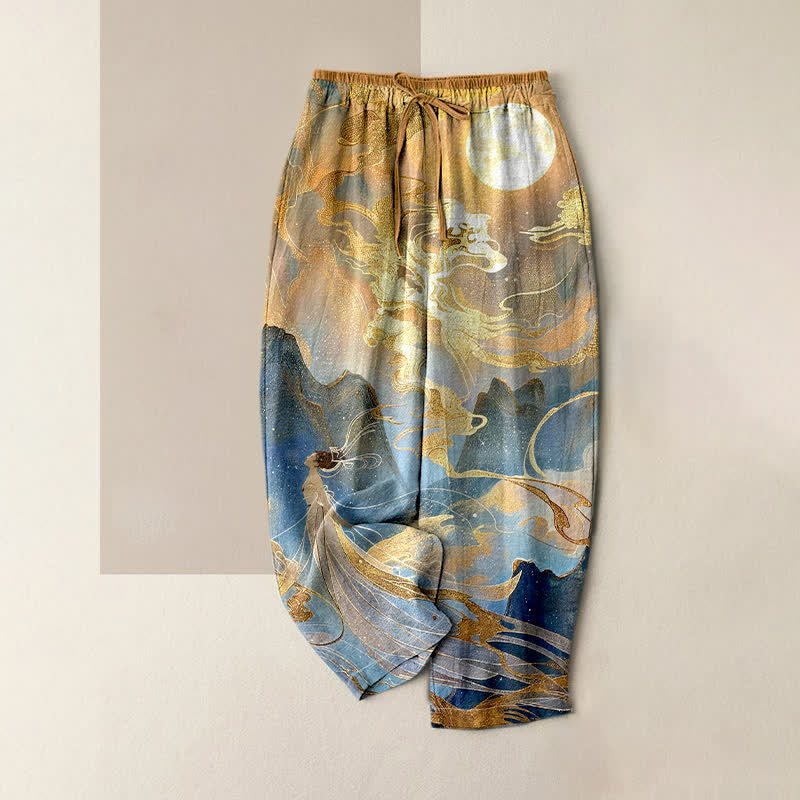 Buddha Stones Pantaloni da donna in puro cotone con elastico in vita e tasche, fantasia "Fata, Luna Dorata, Nuvole e Paesaggio". - Grano - US16, UK/AU20, EU48 (3XL) - image 0